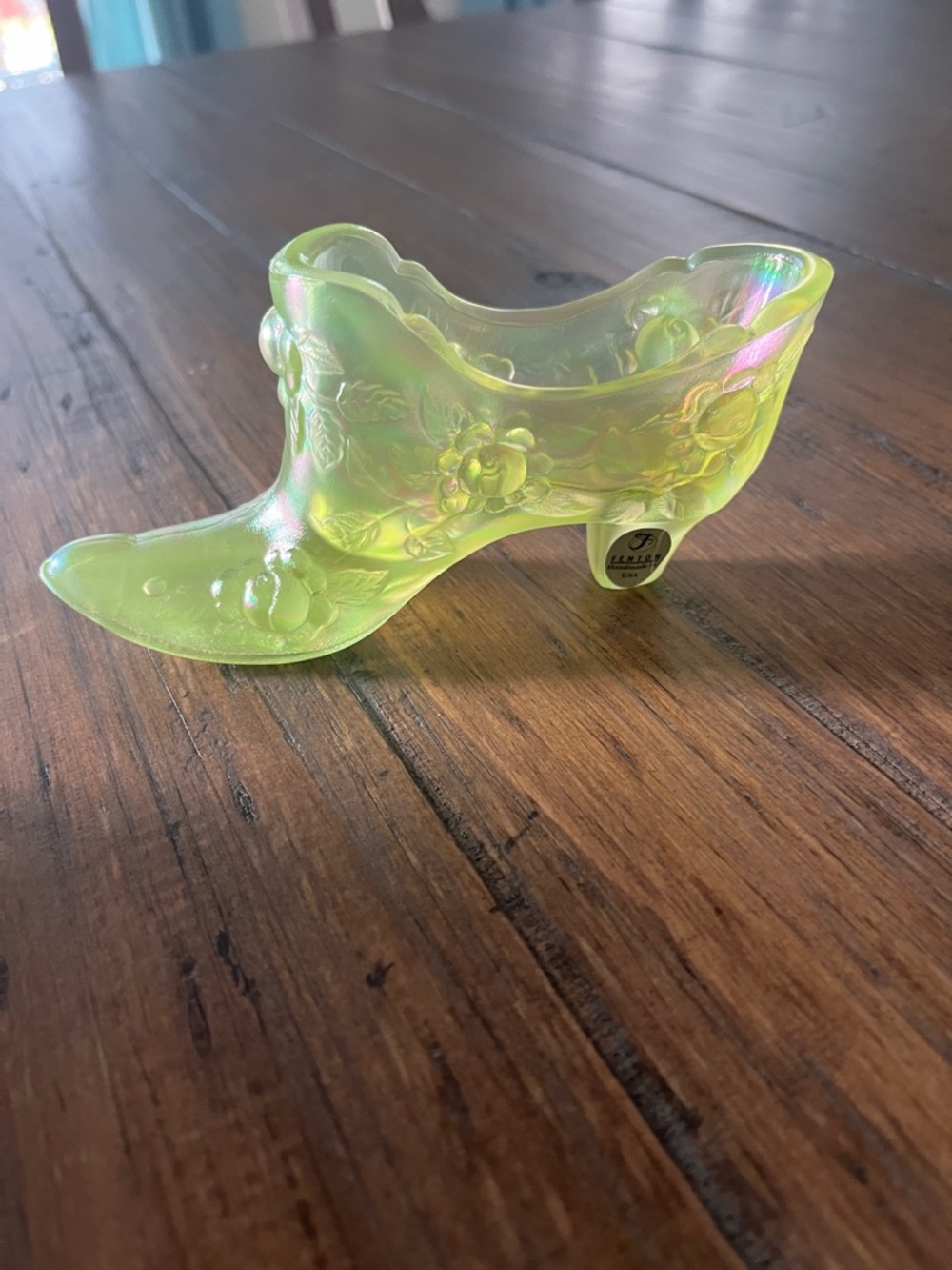 Fenton Uranium Glass Shoe with
Original Fenton Sticker
